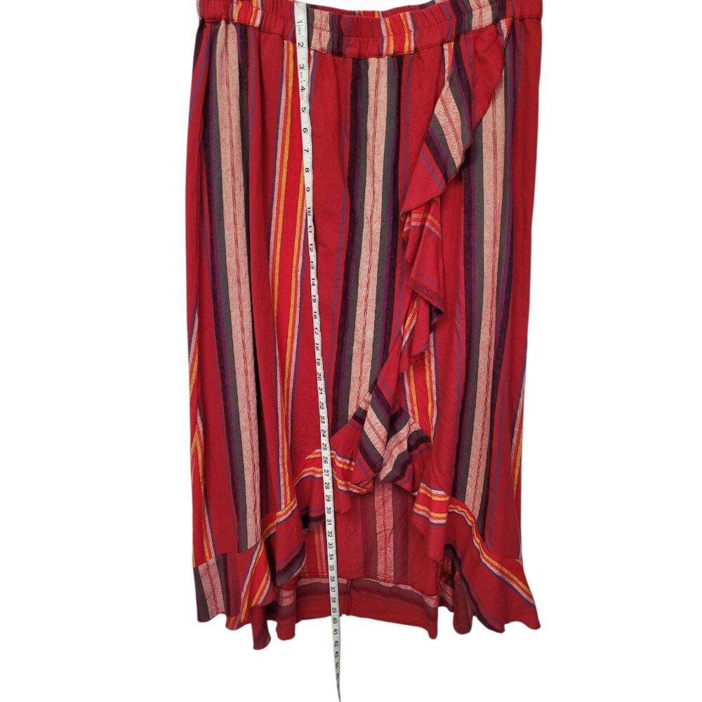 R Cinco Ranch Skirt L Asymmetrical Hem Faux Wrap Red Stripe Elastic Waist Ruffle - Picture 7 of 13